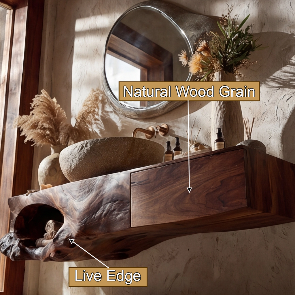 Live Edge Solid Hardwood Floating Bathroom Vanity with Drawer - view 2