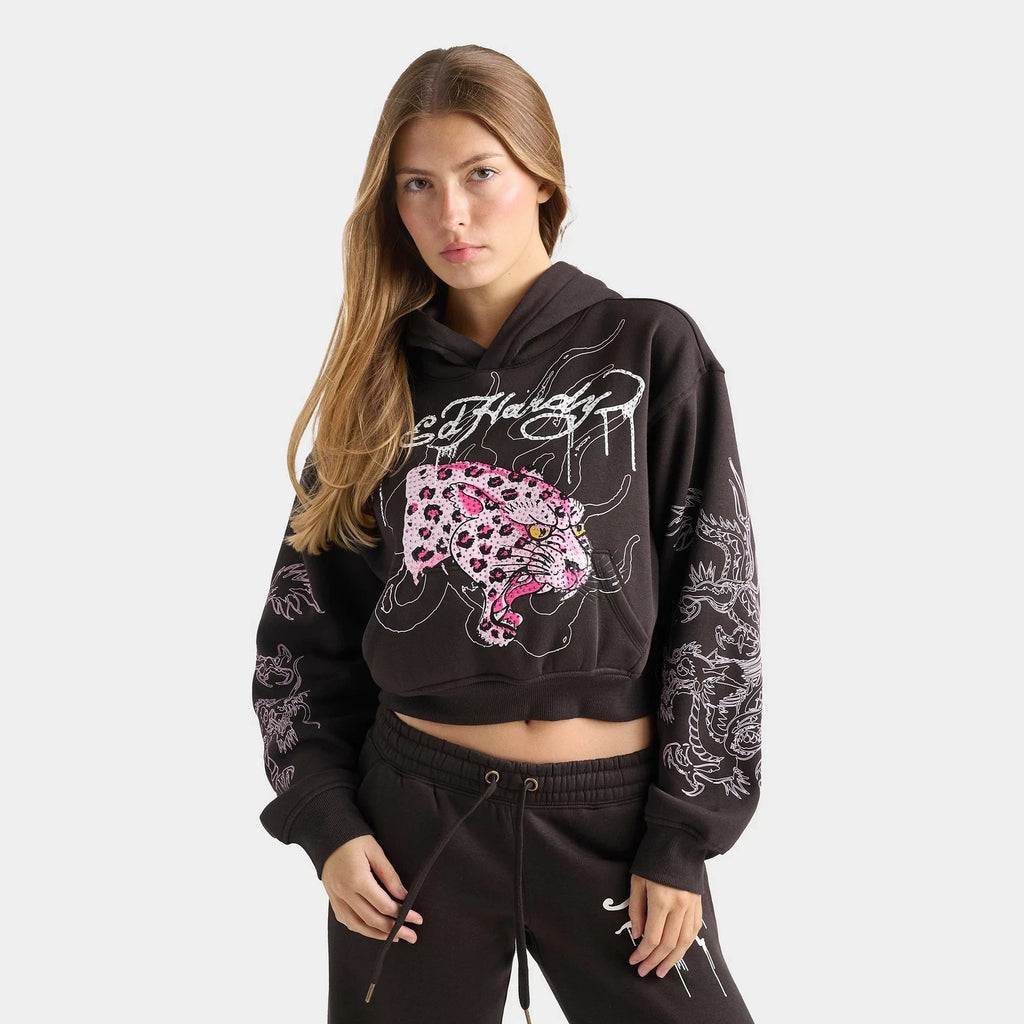 Women's Leopard Rhinestone Cropped Pullover Hoodie