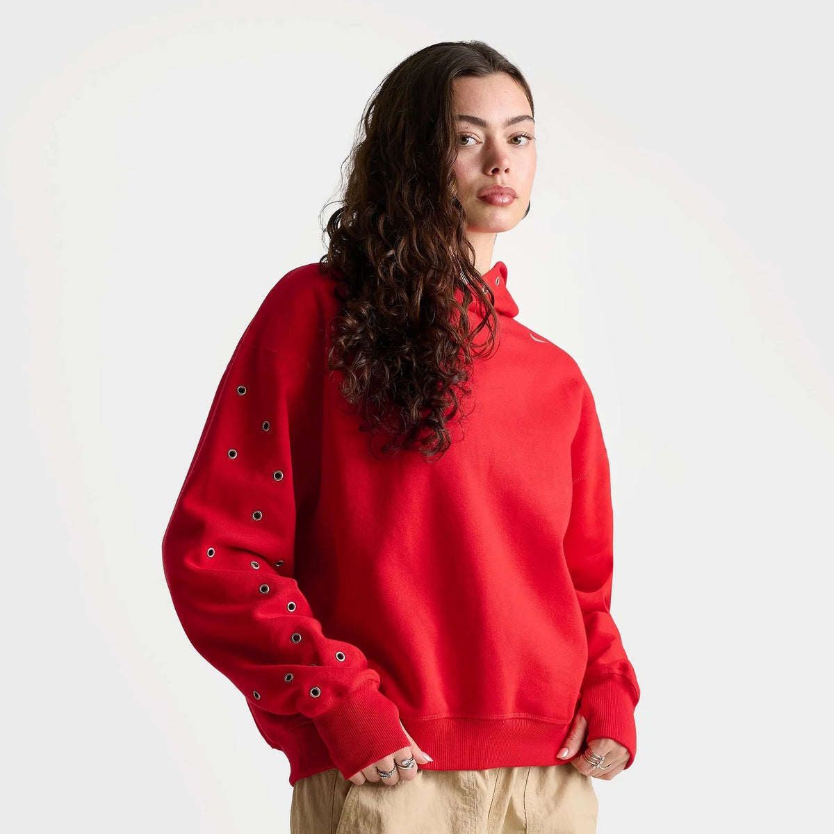Women's Oversized Grommet Pullover Hoodie - Red