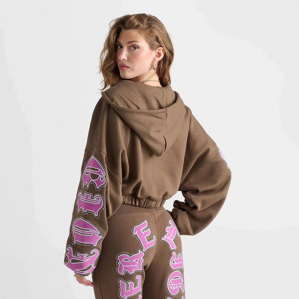 Women's Cropped Rhinestone Full-Zip Hoodie