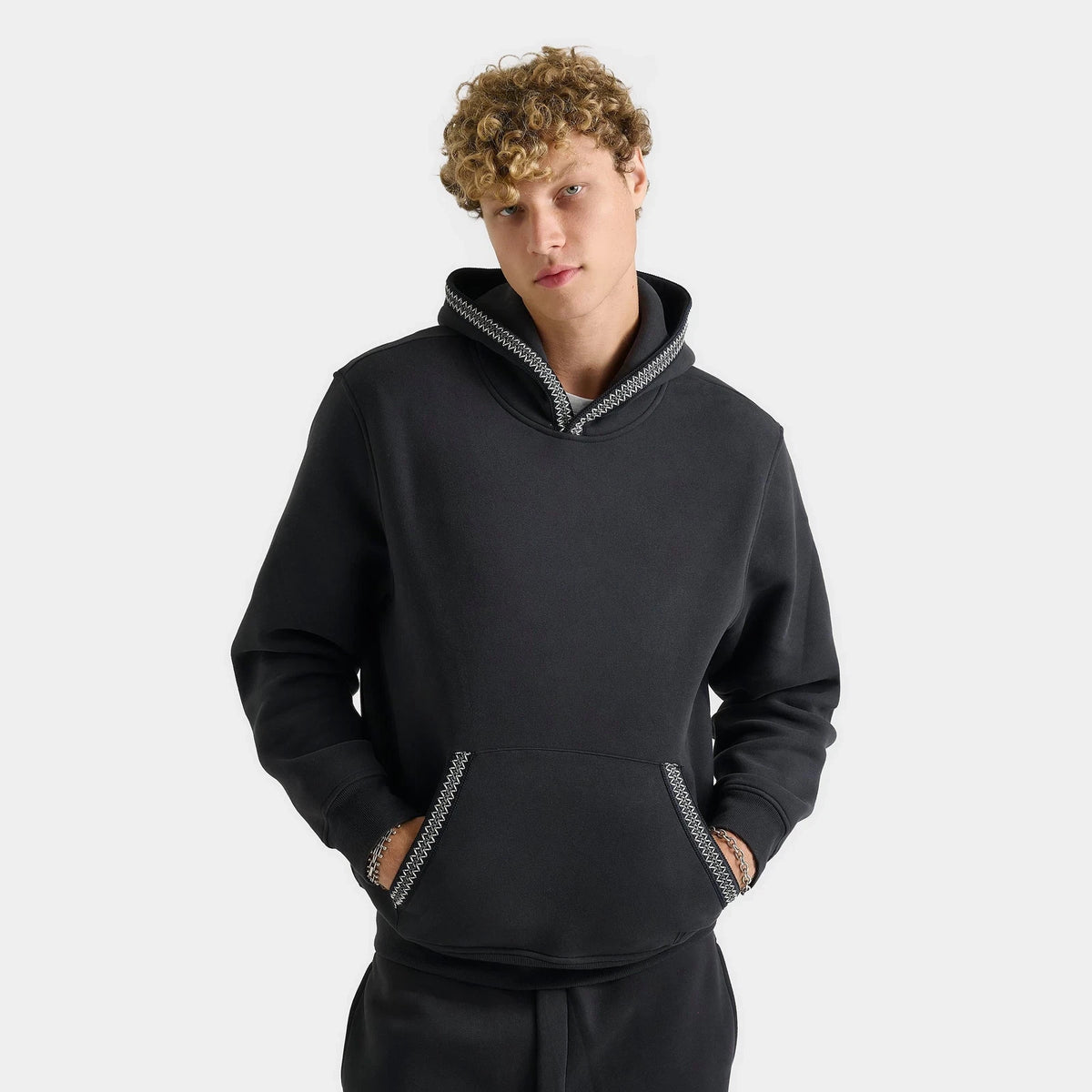 Cotton Blend Pullover Hoodie - Black