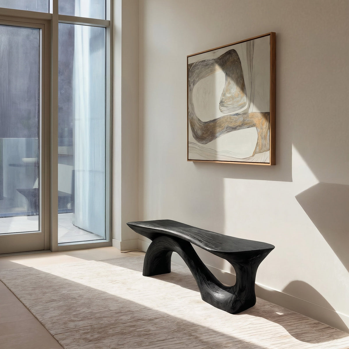 Sculptural Solid Wood Bench with Organic Curves for Living Room in Black finish