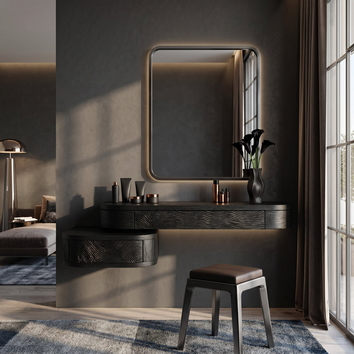Floating Wall Mounted Vanity Table with Drawers for Bedroom in Black finish