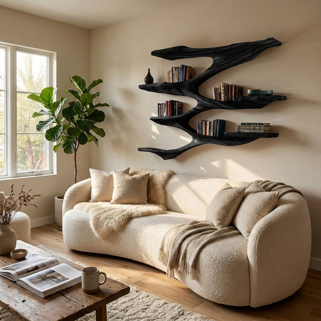 Mid-Century Solid Wood Wall Shelf with Sculptural Tiered Spine in Black finish