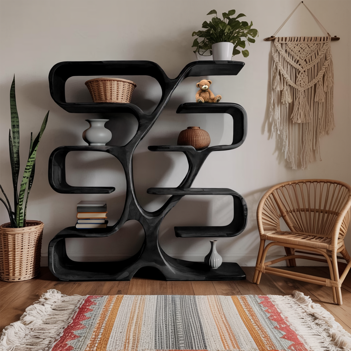 Wall-Mounted Live Edge Bookshelf with Radiating Plank Shelves in Black finish