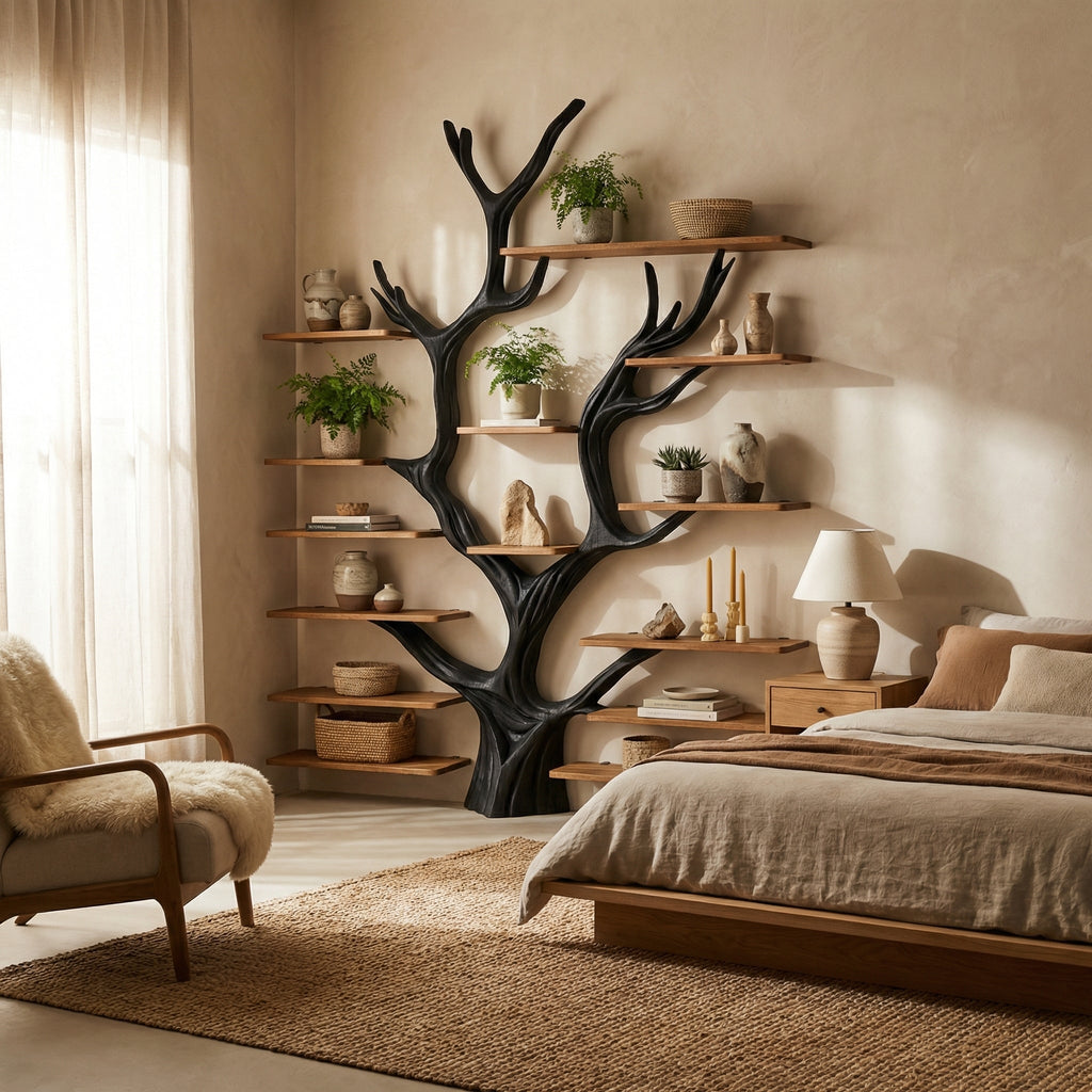 Sculptural Tree-Inspired Wood Bookcase Wall Unit in Black finish