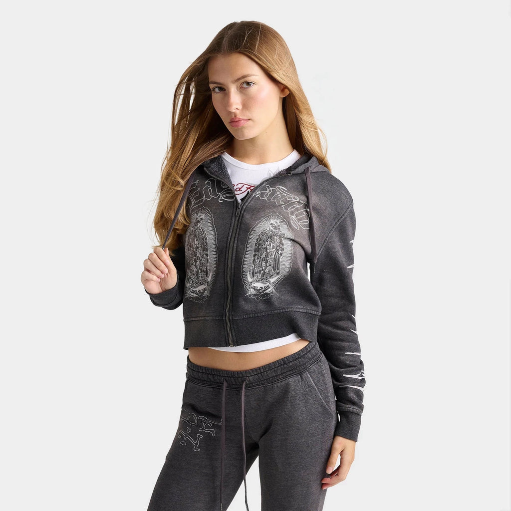 Women's Cropped Religious Graphic Zip Hoodie