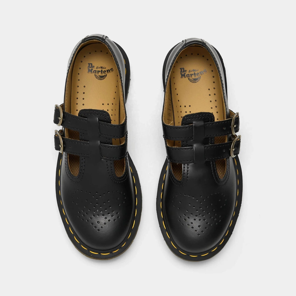 Women's Smooth Leather T-Bar Shoes - Black