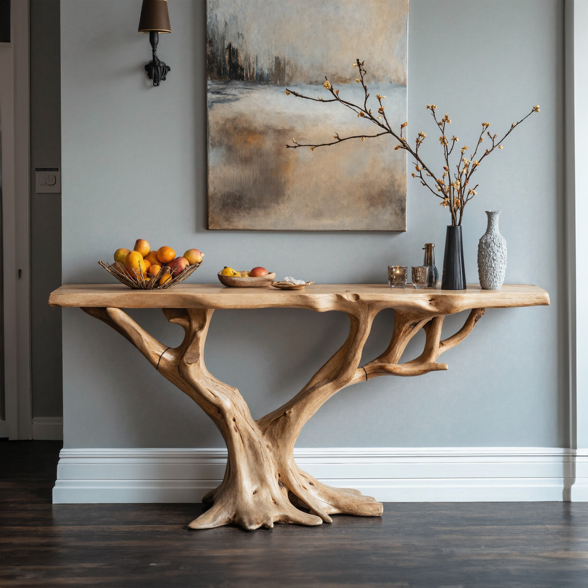 Handcrafted Live Edge Wood Console Table in Warm Brown