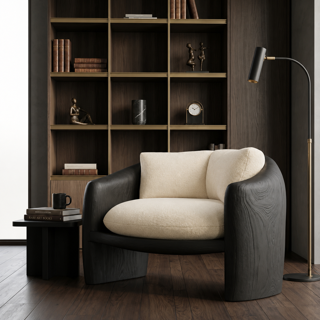 Modern Organic Wood Lounge Chair with Sculpted Frame and Cushions in Black finish