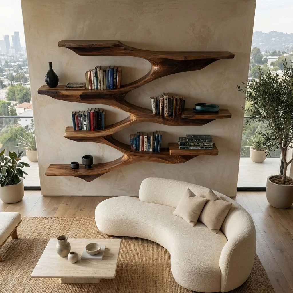 Mid-Century Solid Wood Wall Shelf with Sculptural Tiered Spine - view 2