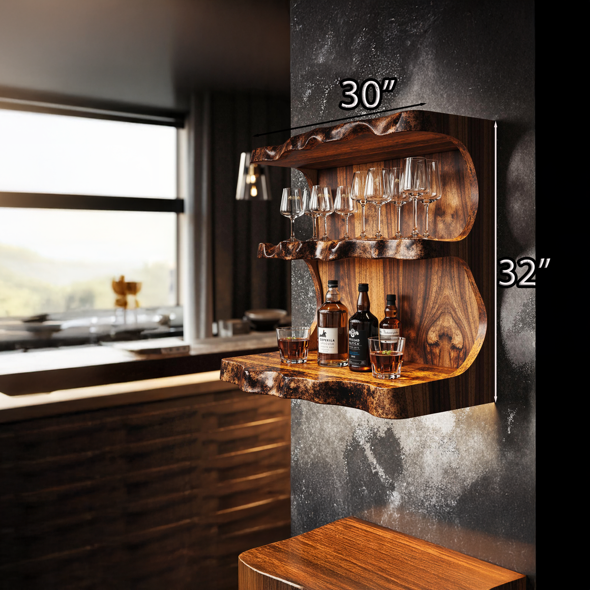 Reclaimed Tamarind Wood Floating Wine Bar Shelf - view 3