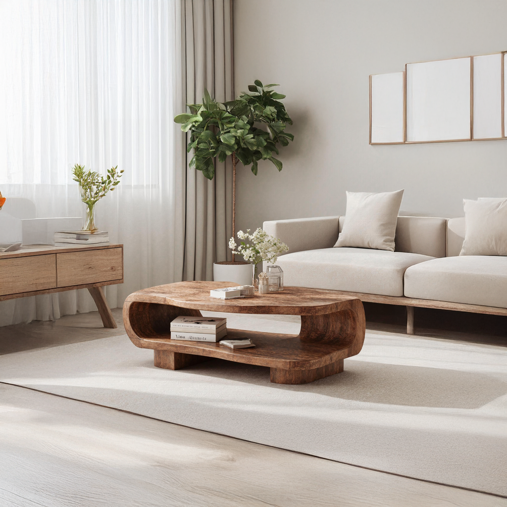 Farmhouse Wooden Coffee Table in Brown with Wax and Oil Finish - view 2