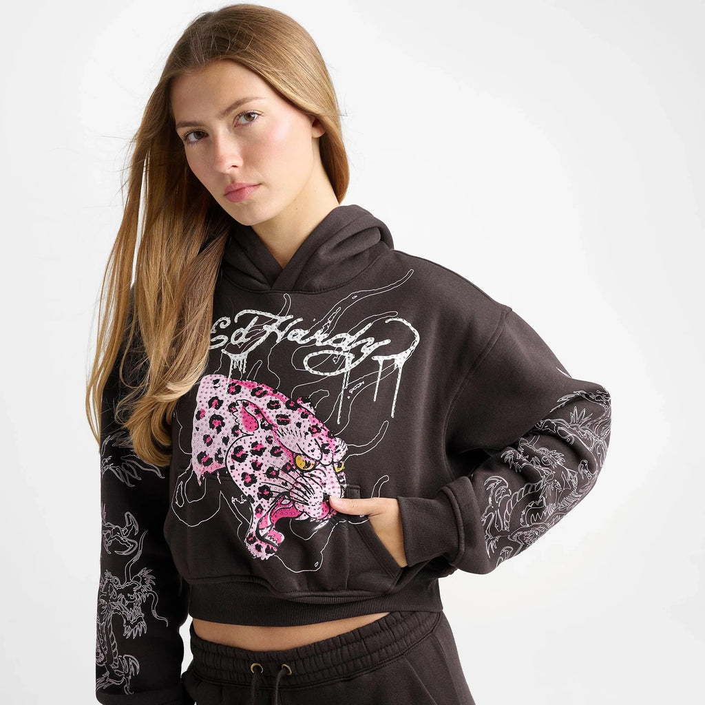 Women's Leopard Rhinestone Cropped Pullover Hoodie