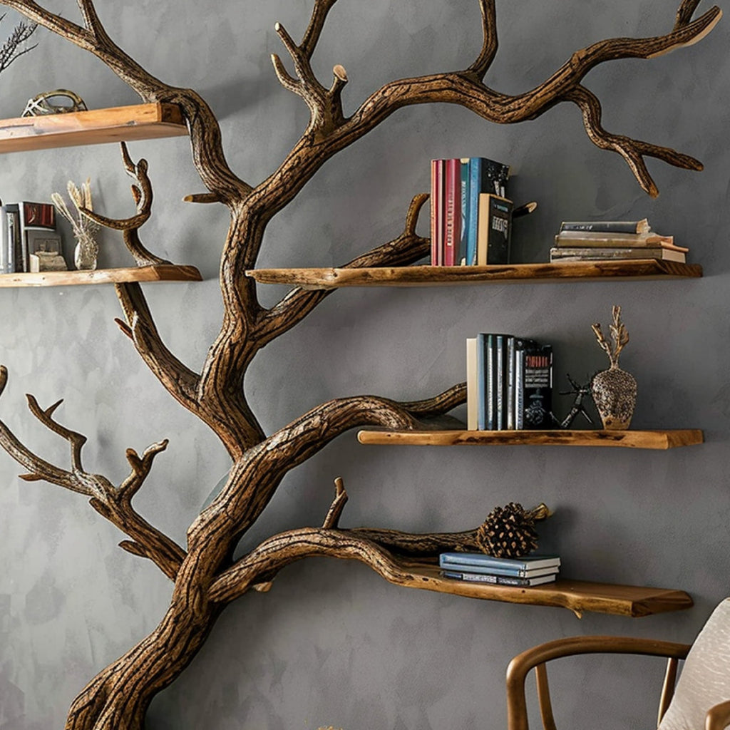 Dark Brown Carved Solid Wood Tree Bookshelf for Living Room - view 2