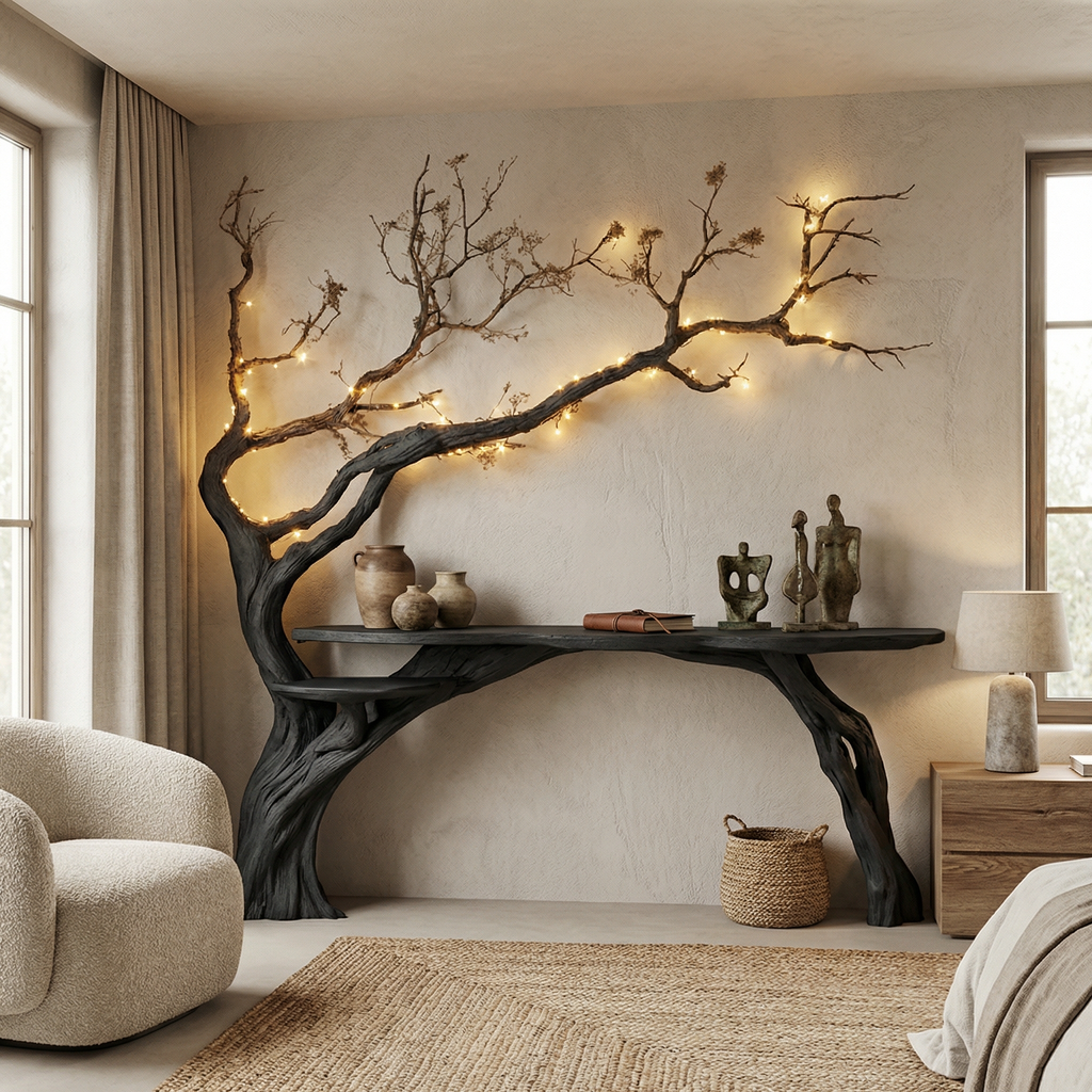 Natural Solid Wood Console Side Table with Tree Bookshelf in Black finish