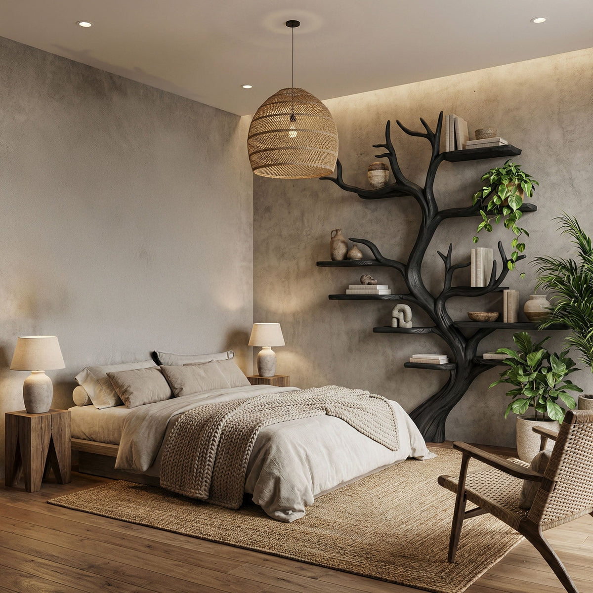 Driftwood-Style Tree Branch Wall Shelf in Rustic Solid Wood in Black finish