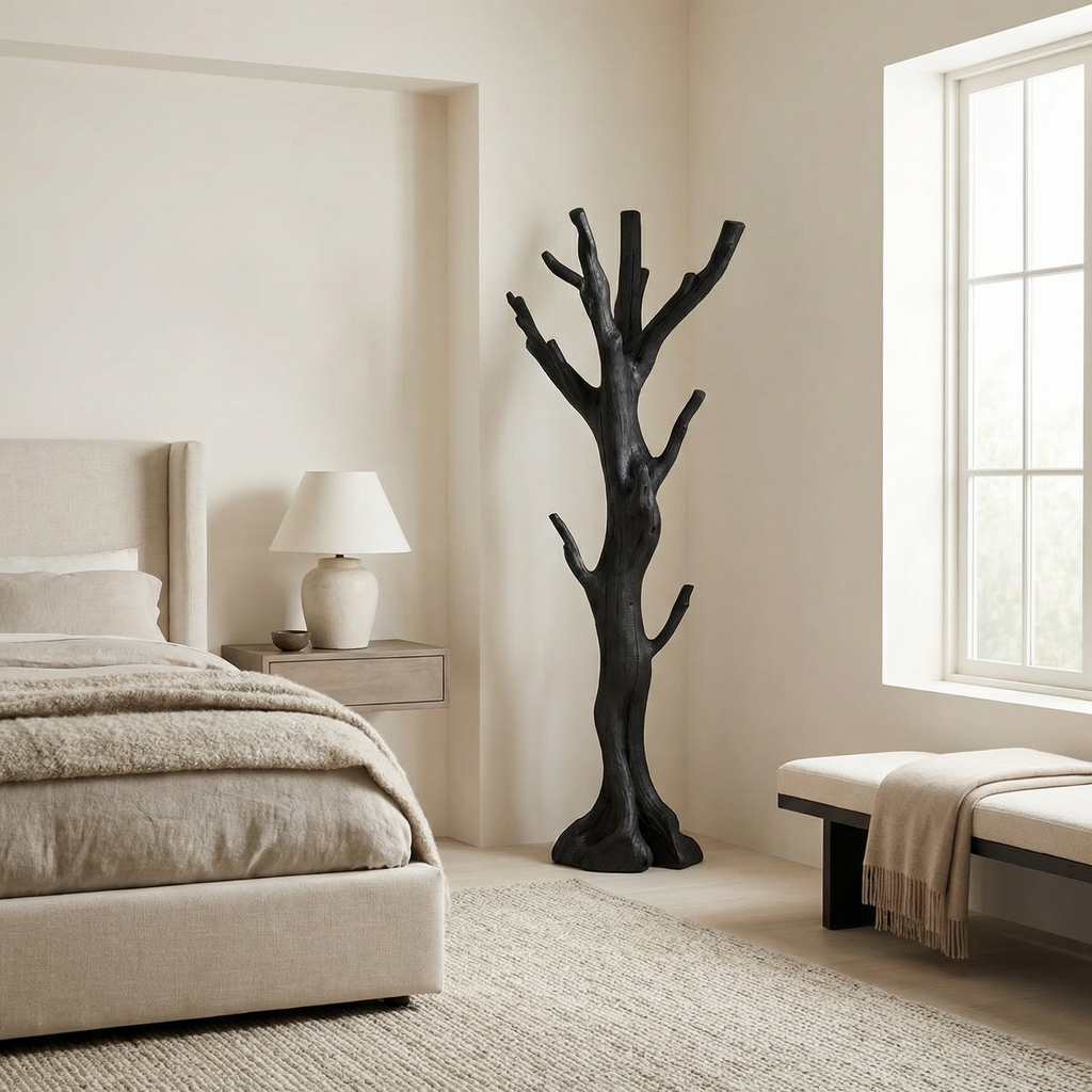 Rustic Driftwood Branch Tree Coat Rack with Optional Support Base in Black finish