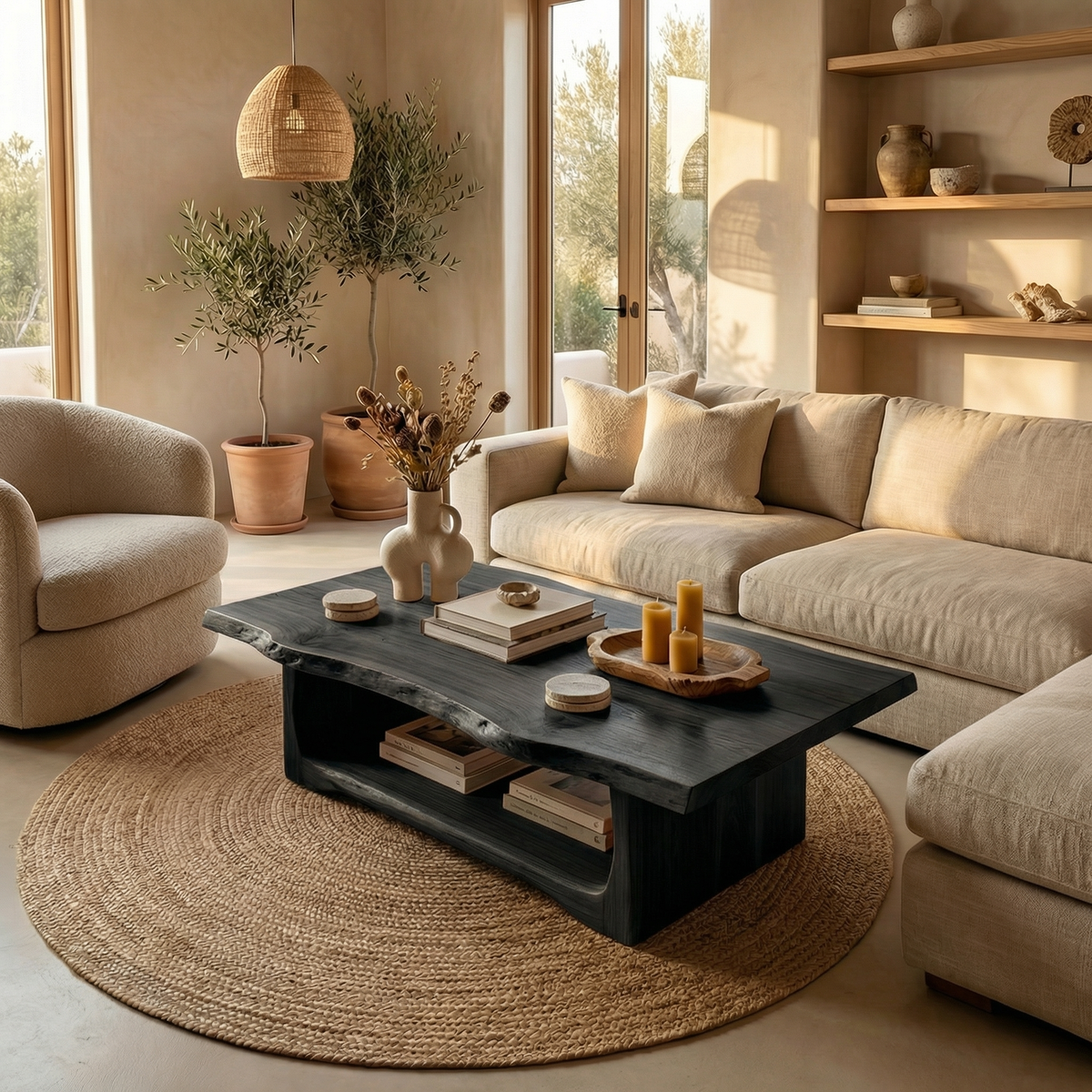 Monkey Pod Live Edge Coffee Table with Rustic Finish in Black finish