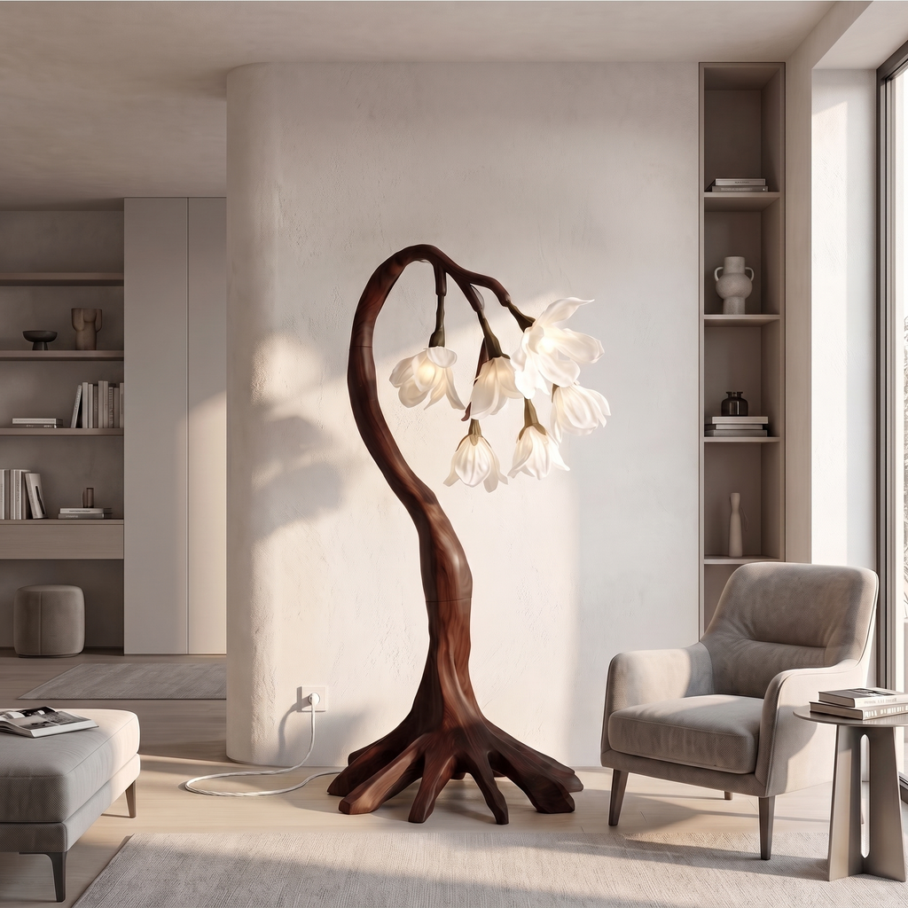 Flower Petal Floor Lamp with Sculptural Solid Wood Branch Base