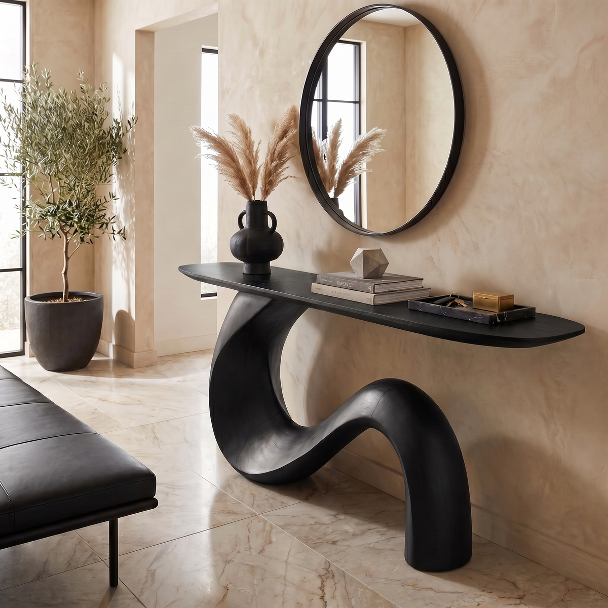 Mid-Century Sculptural Solid Wood Console Table for Entryway in Black finish