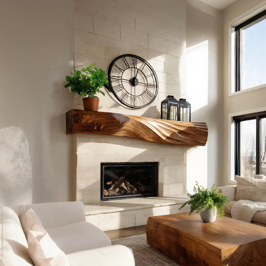 Solid Wood Block Fireplace Mantel with Sculpted Grain Surface