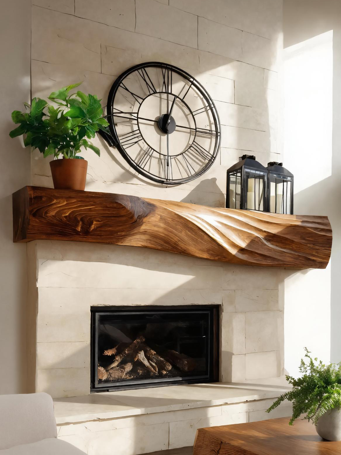 Solid Wood Block Fireplace Mantel with Sculpted Grain Surface - view 3