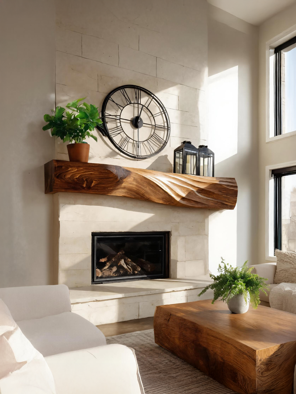 Solid Wood Block Fireplace Mantel with Sculpted Grain Surface - view 2