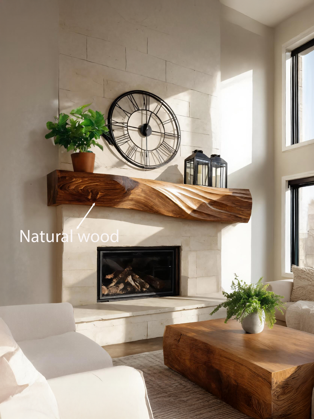 Solid Wood Block Fireplace Mantel with Sculpted Grain Surface - view 6