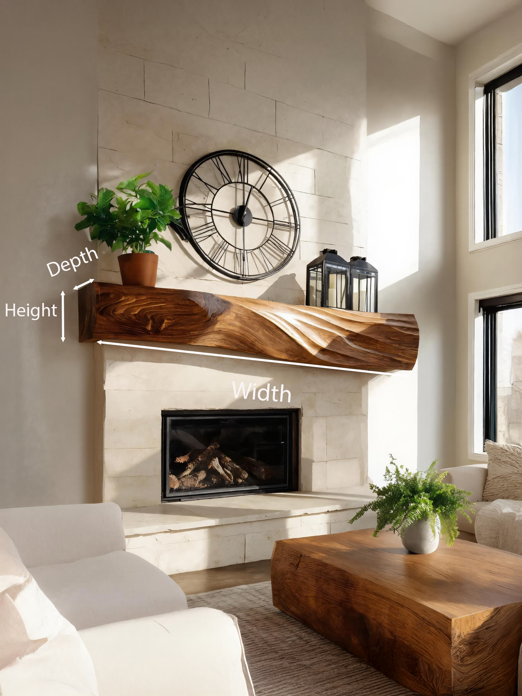 Solid Wood Block Fireplace Mantel with Sculpted Grain Surface - view 7