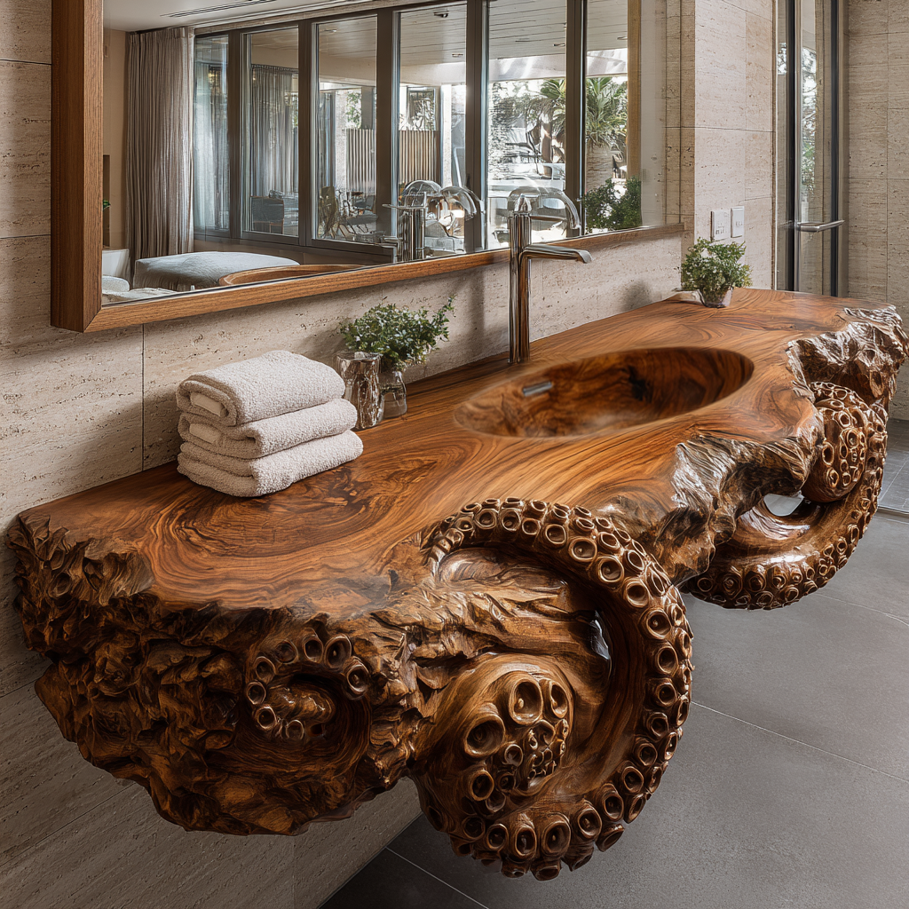 Octopus Carved Live Edge Floating Vanity with Integrated Sink
