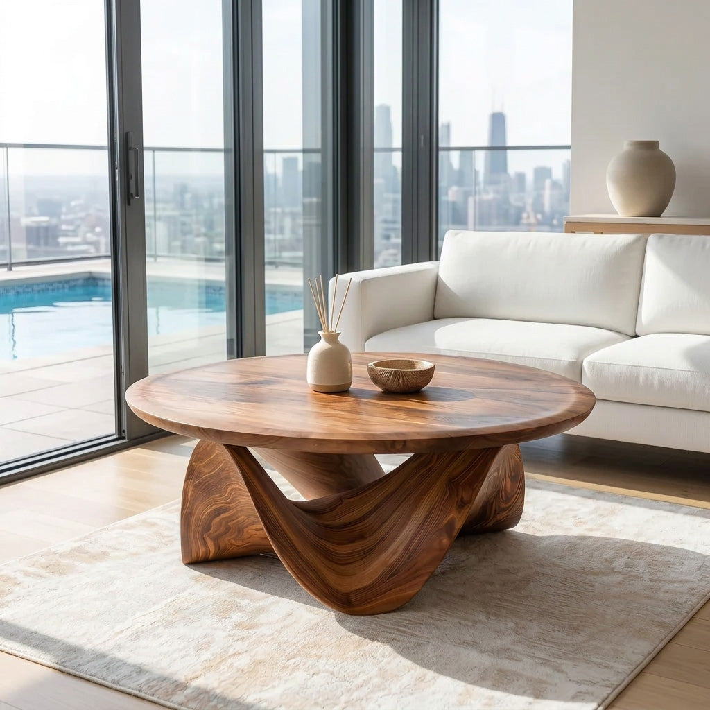 Solid Wood Round Coffee Table with Sculptural Curved Base - view 2