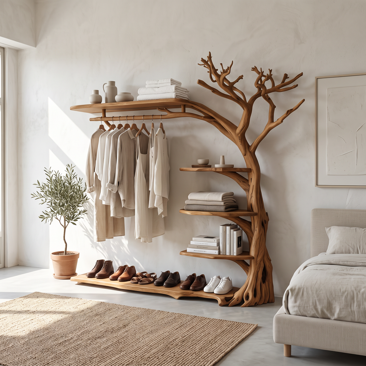 Rustic Tree Branch Coat Rack with Shoe Shelf and Live Edge