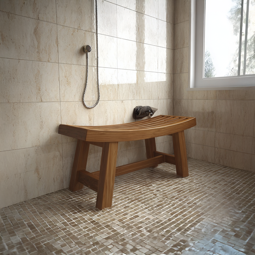 Mid-Century Solid Wood Spa Bench for Bathroom or Entryway