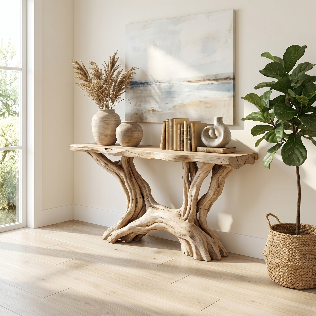 Rustic Organic Solid Wood Console Table with Open Shelving in Oak finish