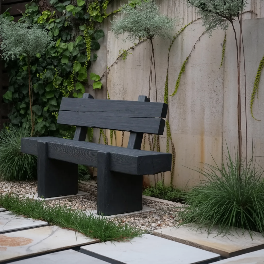 Charred Solid Wood Outdoor Bench with Reclined Backrest - view 2