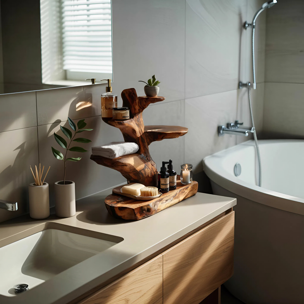 Modern Organic Solid Wood Countertop Bathroom Shelf with Tiers - view 7