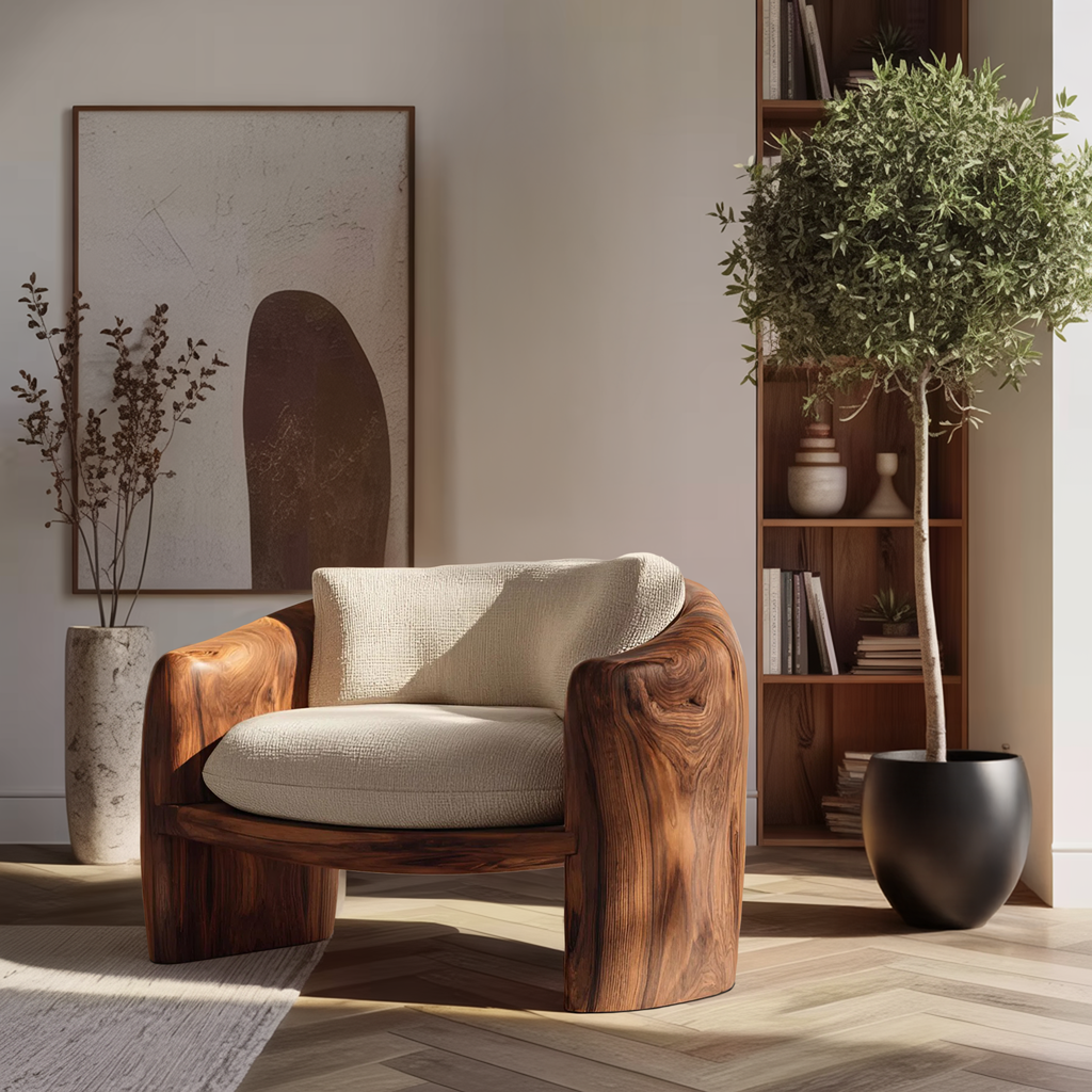 Modern Organic Wood Lounge Chair with Sculpted Frame and Cushions - view 2