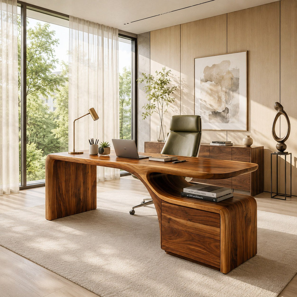 Organic Solid Wood Desk with Curved Drawer Base for Home Office