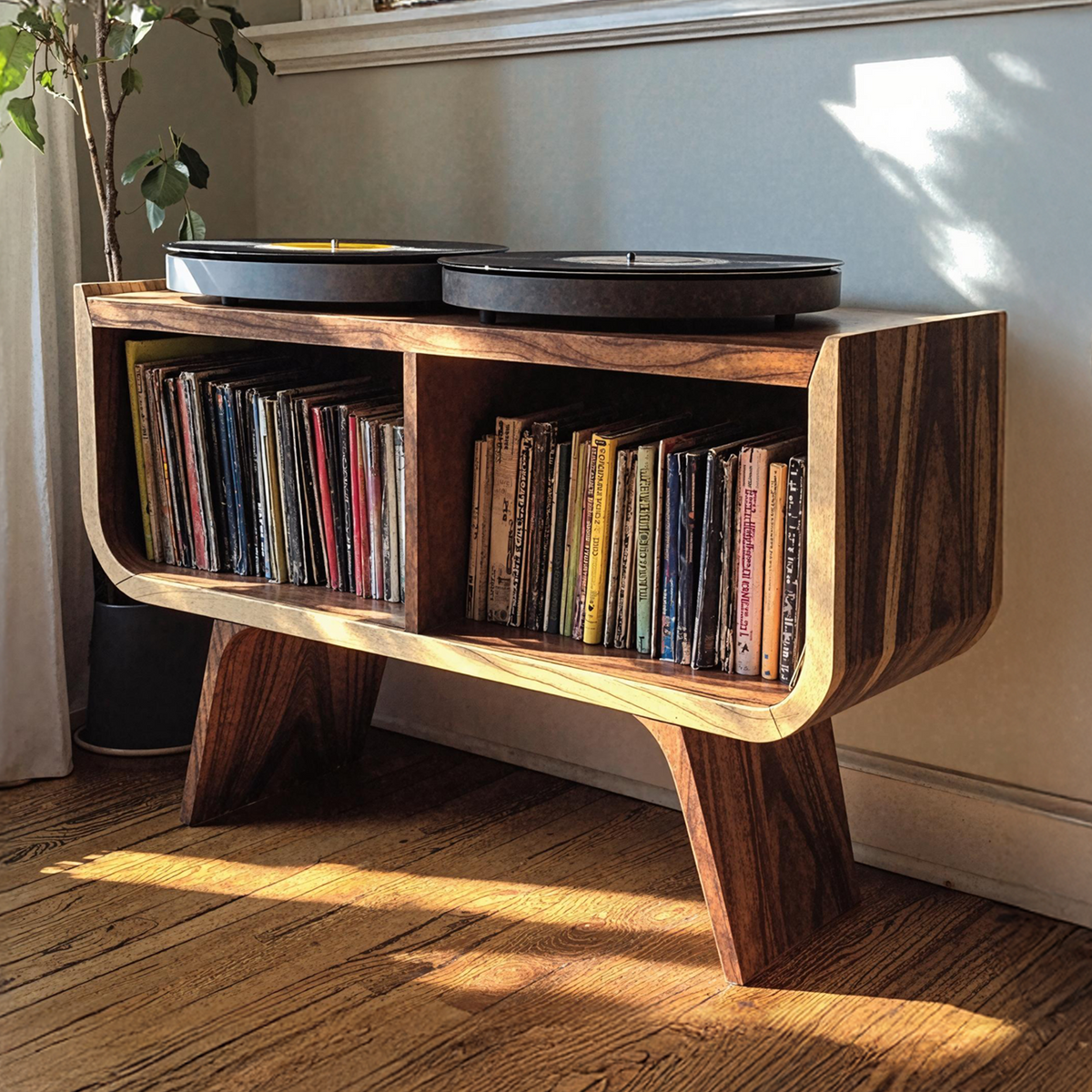 Minimalist Low Wood Record Player Stand for Living Room