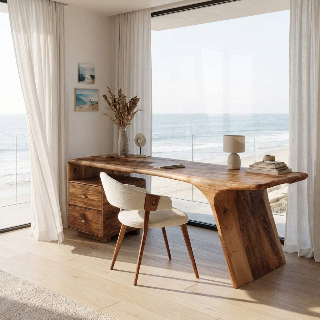 Solid Wood Desk with Drawers and Curved Sculptural Base