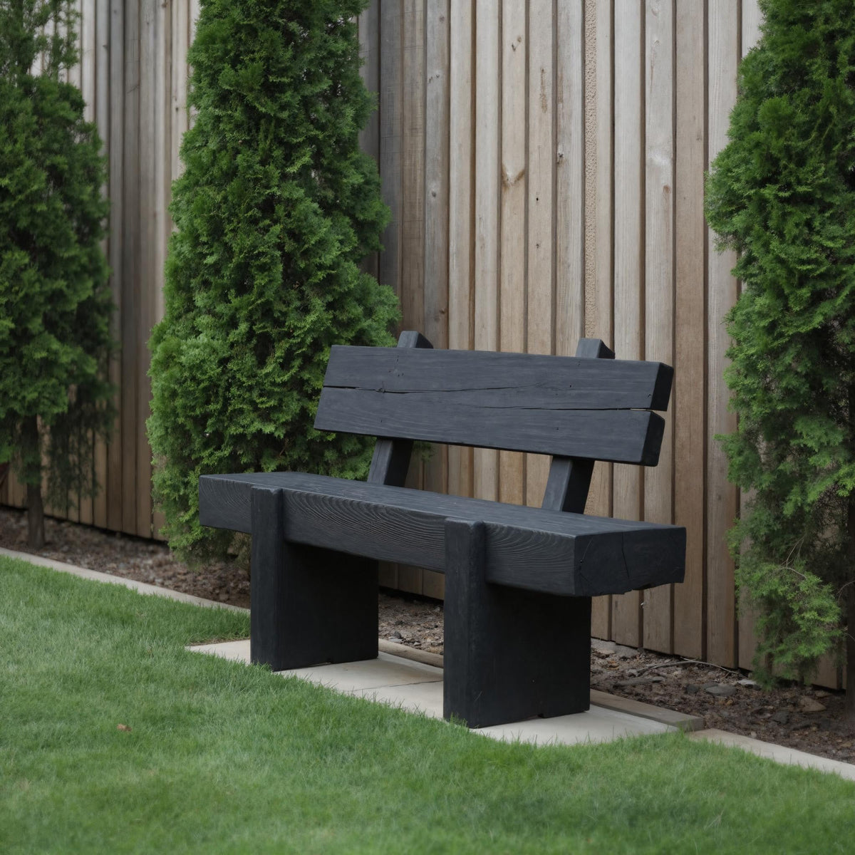 Charred Solid Wood Outdoor Bench with Reclined Backrest