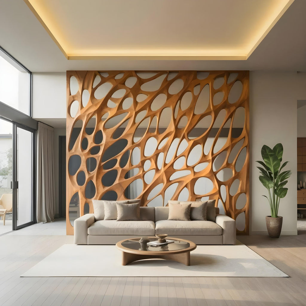 Modern Organic Solid Wood Room Divider with Cellular Openings