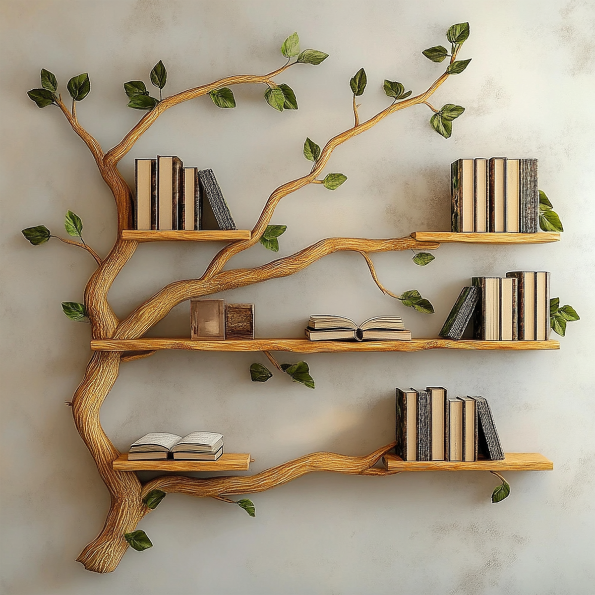 Wall-Mounted Tree Branch Bookcase with Floating Wood Shelves - view 3