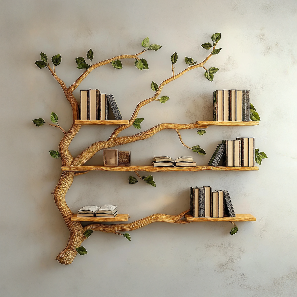 Wall-Mounted Tree Branch Bookcase with Floating Wood Shelves