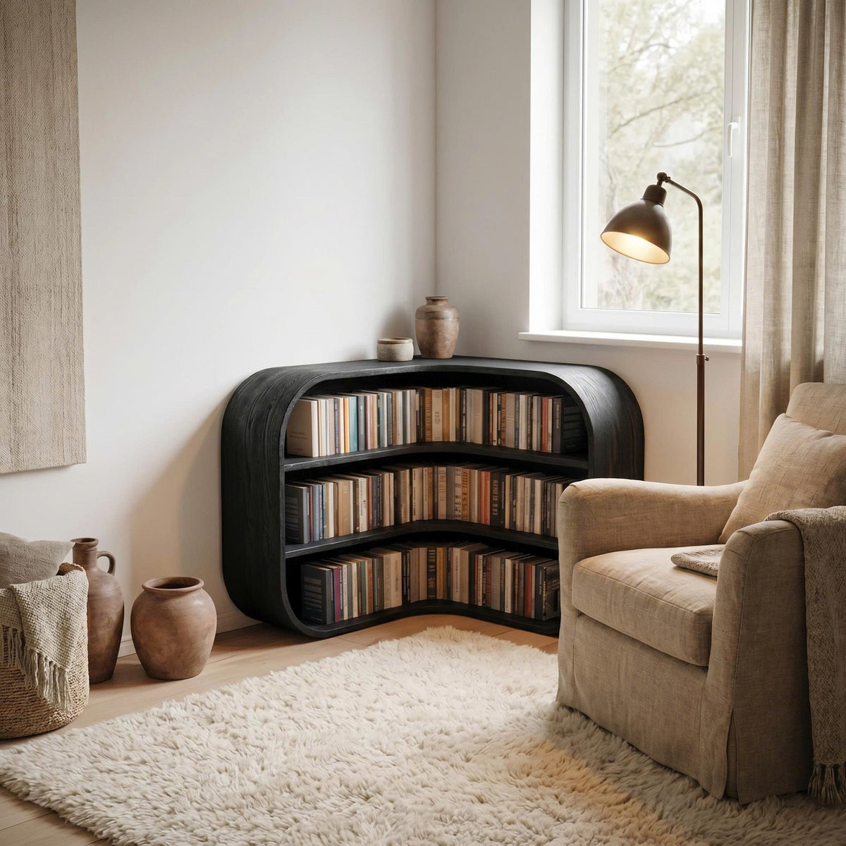 Mid-Century Solid Wood Corner Bookshelf with Curved Compartments in Black finish